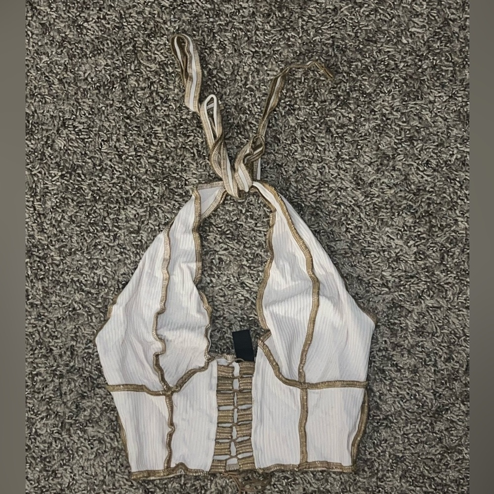Brown/Cream Self-tie around the neck, Crop Top